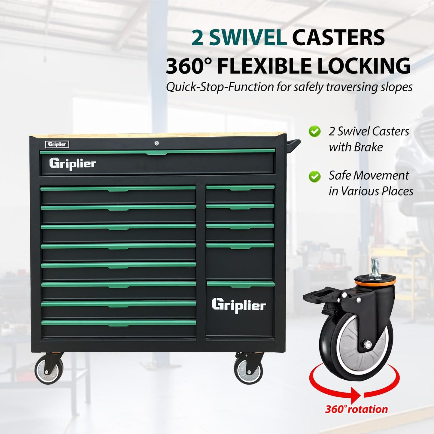 Griplier 14-Drawers Rolling Tool Chest with Wood Workbench,Brake Casters,Lock & Key,Heavy-Duty Steel Tool Cabinet Storage, for Home,Garbge or Workshop Use (14 Drawers)