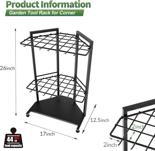 Garden Tool Organizer - Heavy Duty Metal Rack with 34 Compartments & 14 Hooks for Efficient Storage