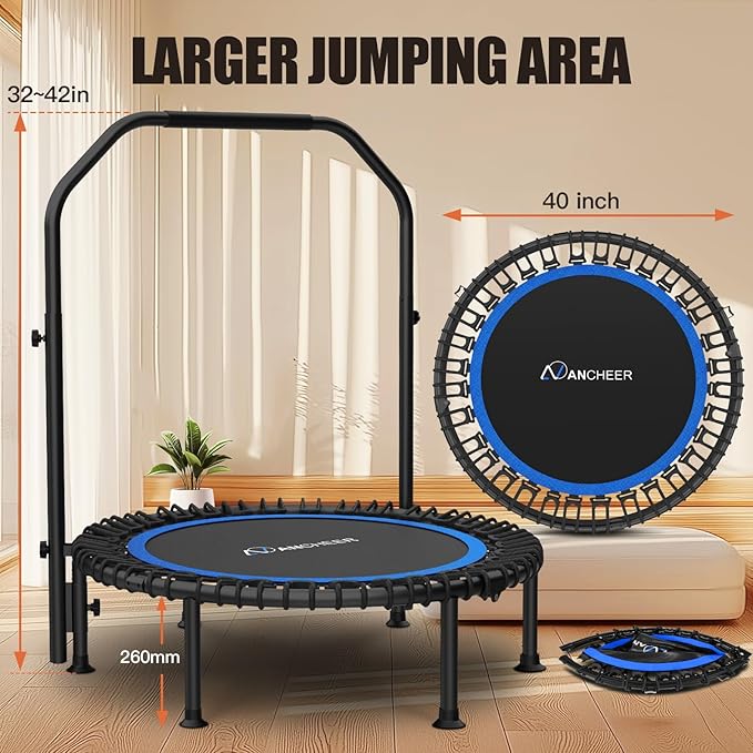 Bungee Rebounder Trampoline,ANCHEER 40" Foldable Fitness Trampoline with 4-Level Adjustable Handlebar, 450LBS Capacity, Resistance Ropes&Upgraded Bungees Safe for Home/Cardio,Workout Indoor/Outdoor