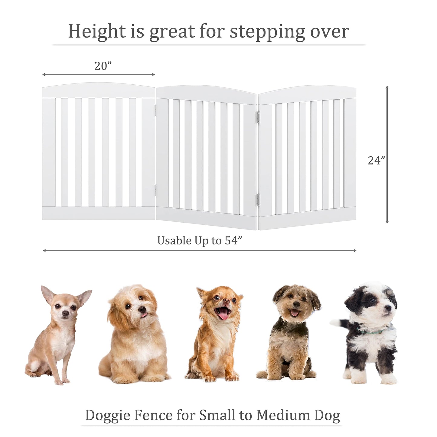 PAWLAND Wooden Freestanding Foldable Pet Gate for Dogs, 24 inch 3 Panels Step Over Fence, Dog Gate for The House, Doorway, Stairs, Extra Wide (White, 24" Height-3 Panels)