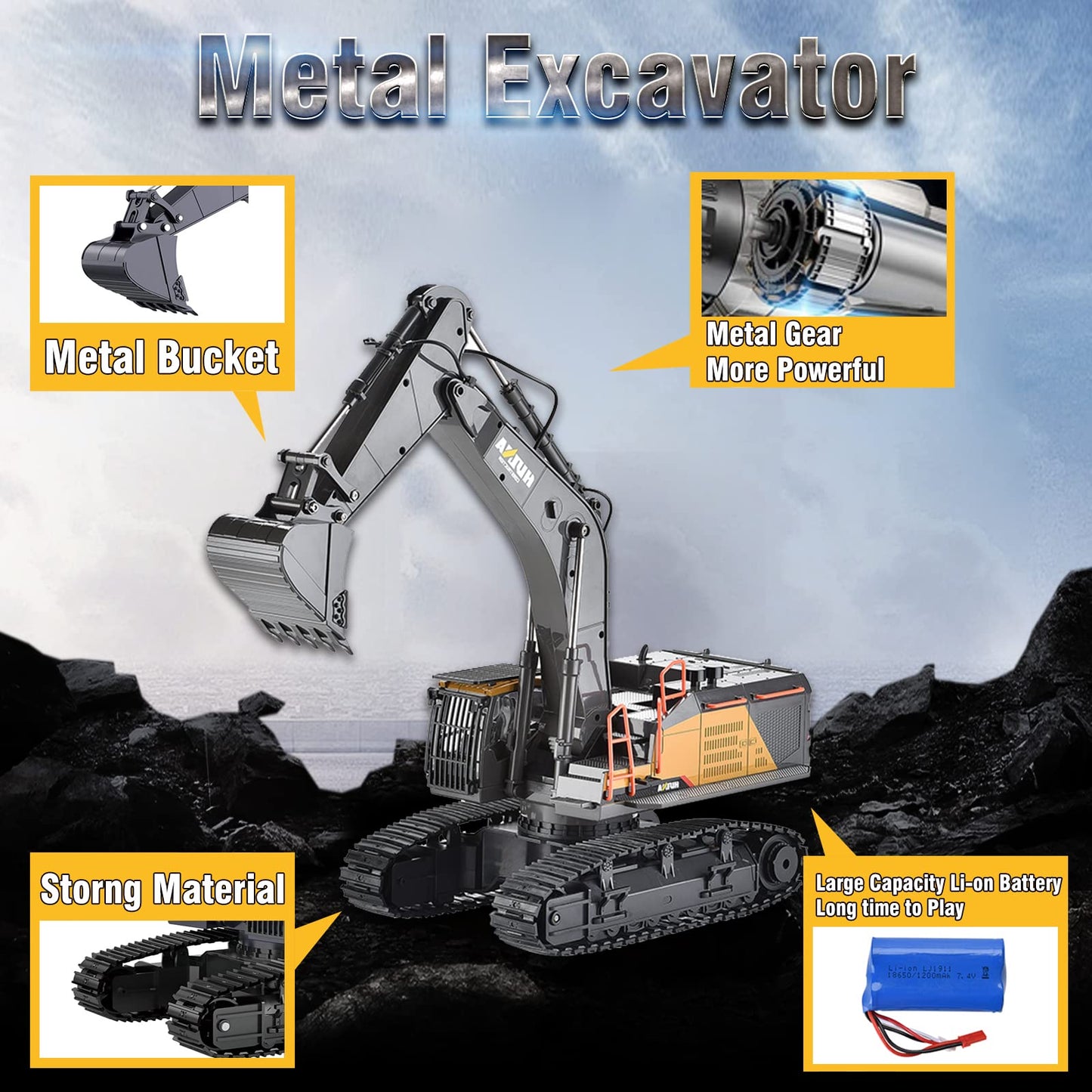 CUTEROOM 1/14 Scale RC Excavator, 22 Channel Remote Control Construction Vehicle with Metal Shovel, 2.4Ghz Excavator with Realistic Lights & Sounds, Rechargeable Battery, Gift for Birthday Christmas