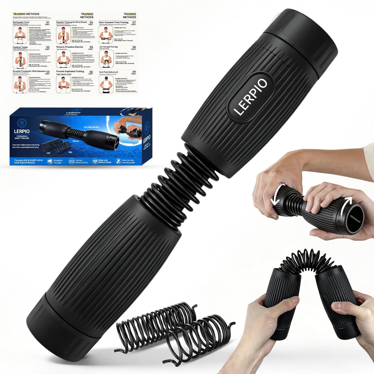 Lerpio Forearm & Wrist Trainer, Adjustable Resistance Grip Strength with Interchangeable Springs Design, Beginner to Advanced Portable Arm Workout Equipment for Home, Gym, Office (Black)