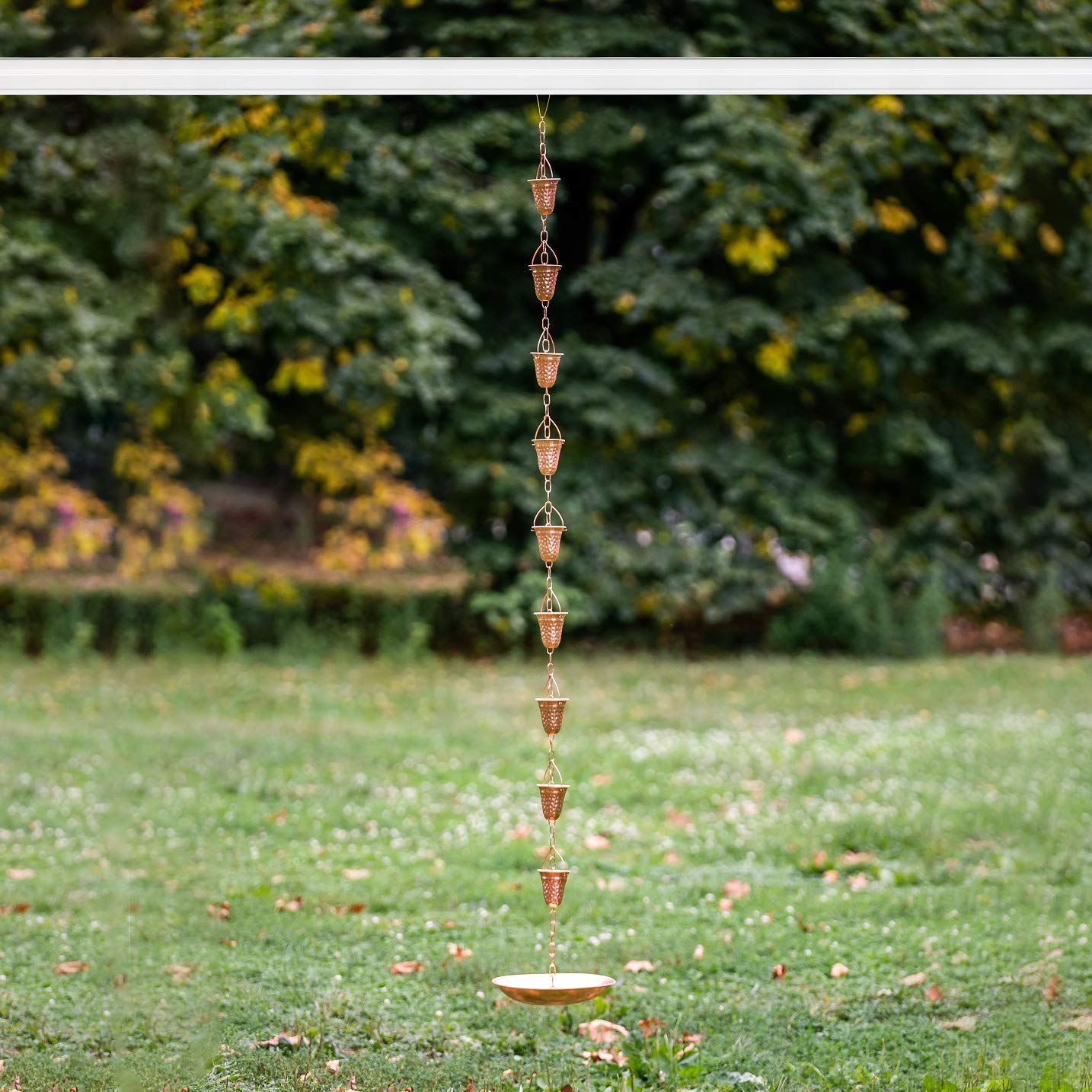 Marrgon Copper Rain Chain w/Gutter Adapter & Anchoring Basin – Decorative Chimes & Cups Replace Gutter Downspout & Divert Water Away from Home for Stunning Fountain Display – 6.5’ Long