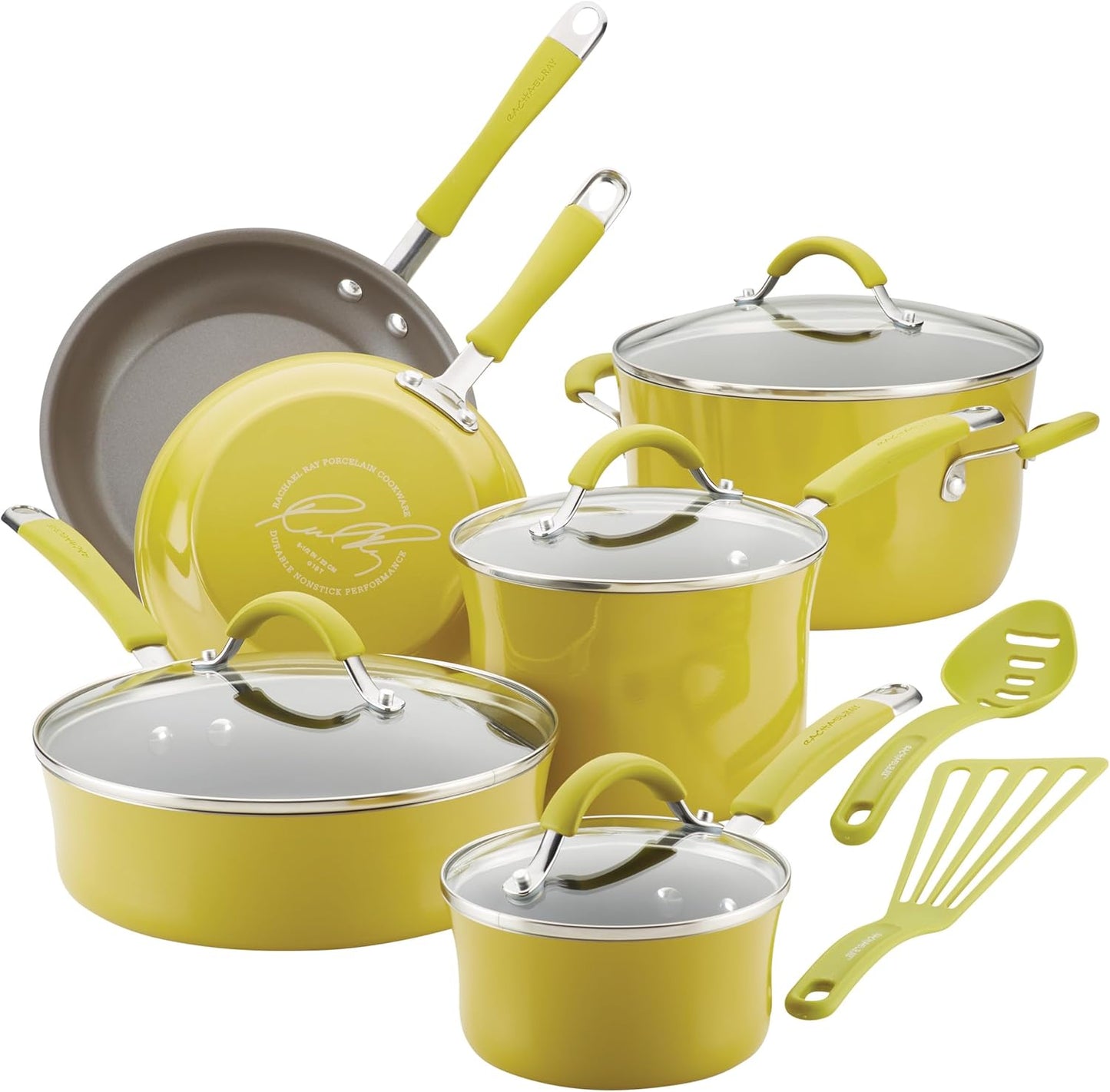 Rachael Ray Cucina Nonstick Cookware Set - 12 Piece in Lemongrass Green for Effortless Cooking