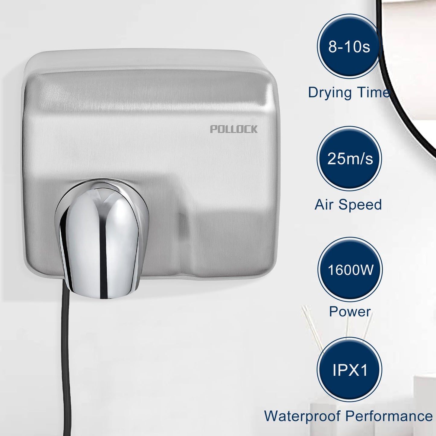Commercial Hand Dryer Wall Mounted,Stainless Steel Electric Hand Dryer for Bathroom,1600 W Automatic High Speed Warm Wind Hand Blower,110V Plug in,8-10s Second Dry,for Industry Business Restrooms