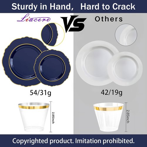 Liacere 350PCS Navy Blue Plastic Plates - Elegant Disposable Dinnerware Set for 50 Guests with Napkins & Silverware
