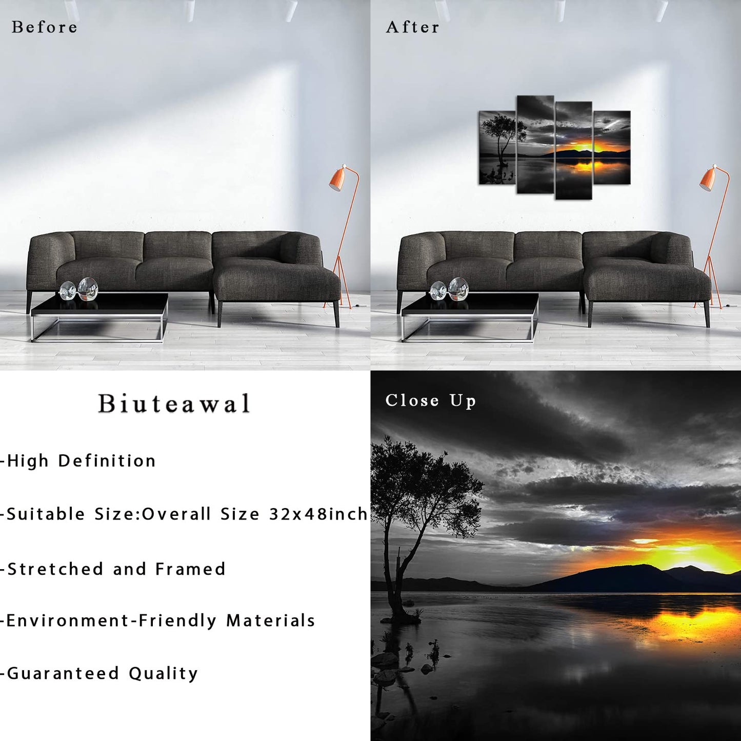 Biuteawal 4 Piece Black and White Wall Art Golden Sunset on Lake Picture Painting Lonely Tree Photo Print on Canvas Nature Landscape Poster Living Room Bedroom Decor Framed Ready to Hang
