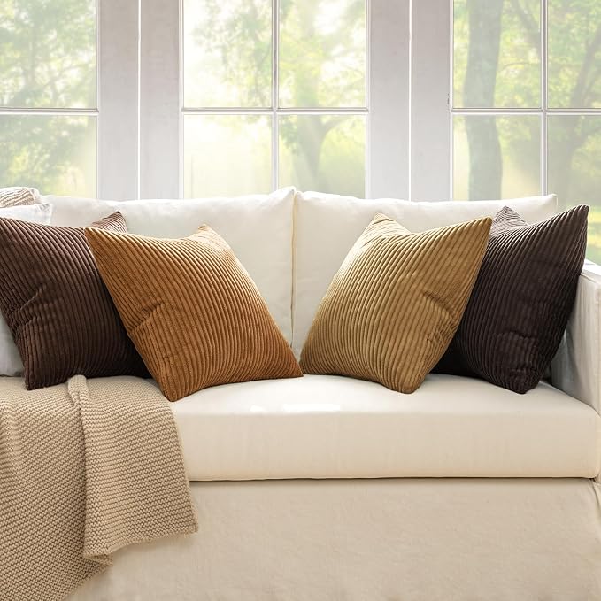 MIULEE Boho Farmhouse Throw Pillow Covers 18x18 Inch Set of 4 Rustic Mordern Neutral Cushion Covers Soft Corduroy Nordic Home Decor for Couch Bed Sofa Living Room Camel Brown