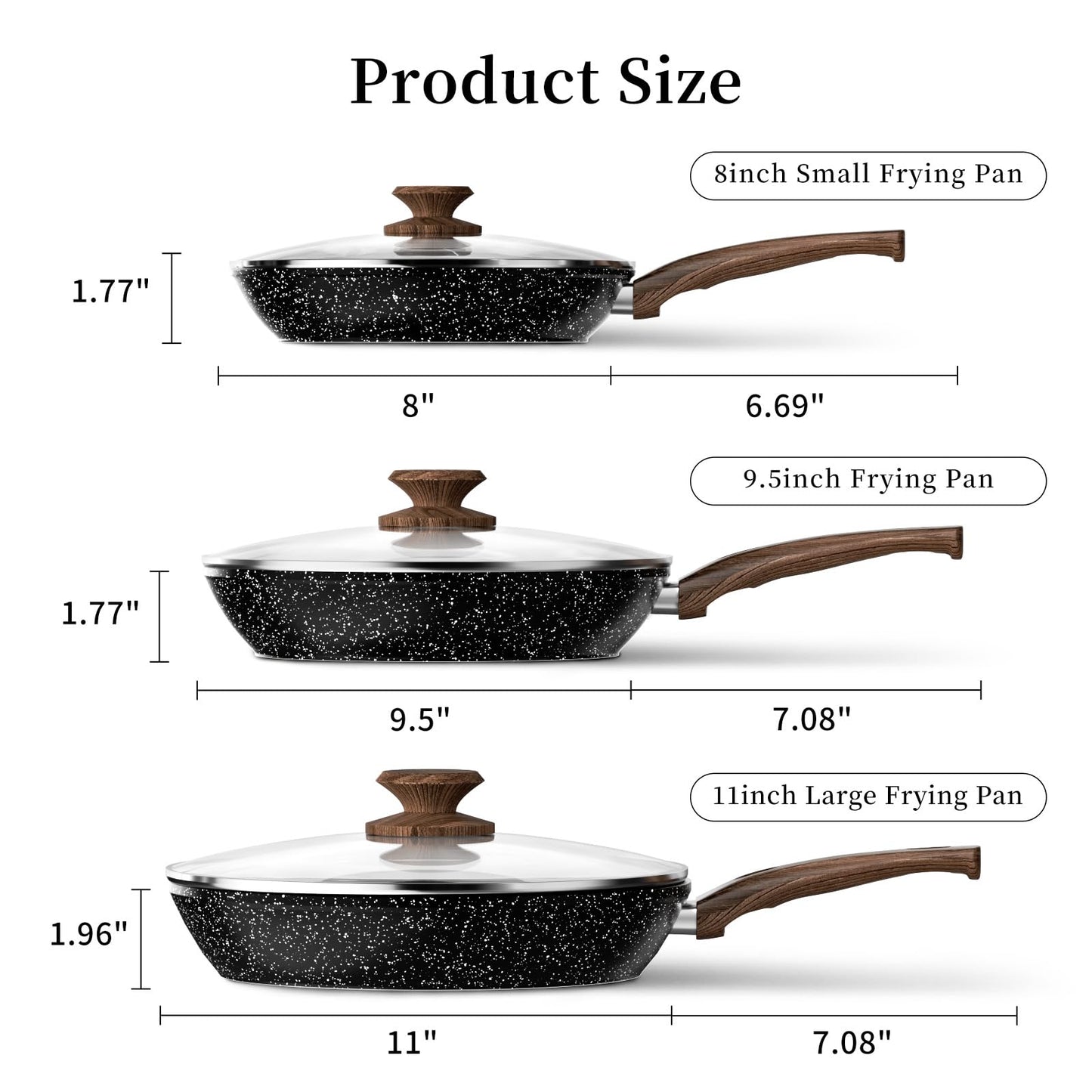 Frying Pan Set - 3 Pcs Nonstick Skillets With Lids, PFOA Free, Induction Compatible, Black