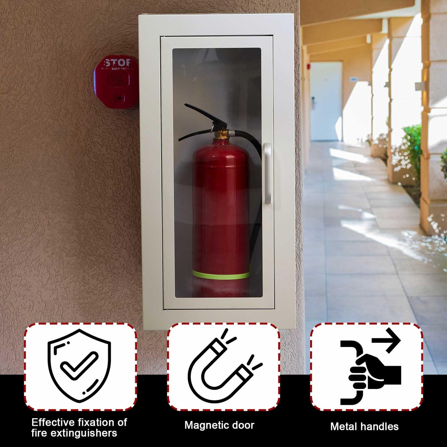 Zonon 1 Pcs 10lb Fire Extinguisher Cabinet Wall & Surface Mount 27 3/8 H x 13 7/8 W x 6 1/2 D White Steel Fire Extinguisher Box Wall Mount Extinguishers Case Holder with Handle for Outdoor Indoor