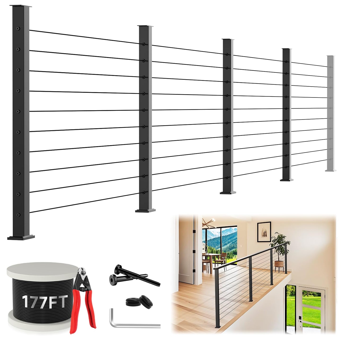 Zylorix 36" Modular 12-16FT Black T304 Cable Railing Post Kit, Complete Cable Railing System with 4 Level Posts & 177ft 1/8" Wire Rope(No Handrail), Adjustable Length Easy DIY for Decks/Porch