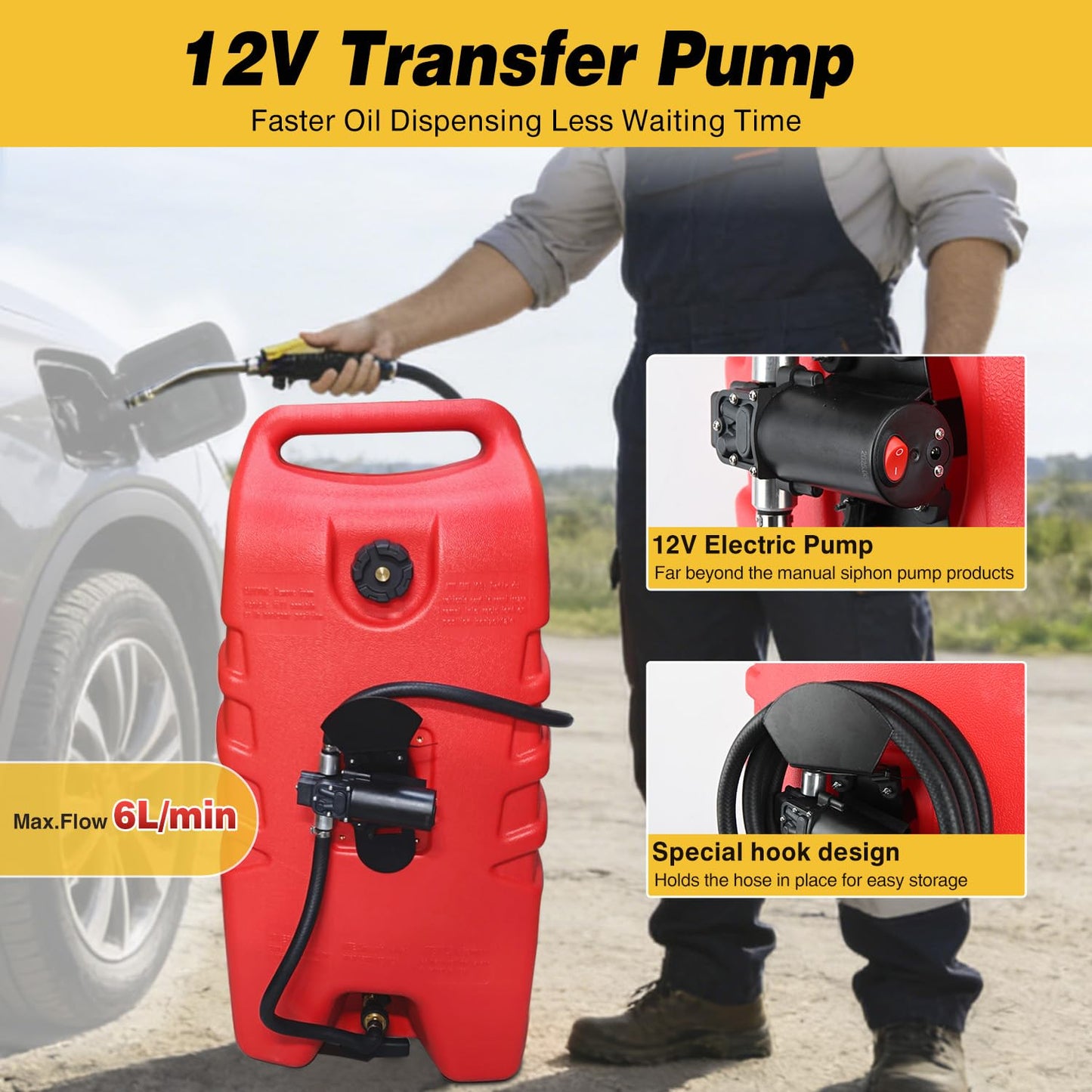 GOOACC 14 Gallon Fuel Caddy, Portable Fuel Transfer Tank with 12V DC Electric Pump, Heavy-Duty Empty Gasoline/Diesel Storage Container with Wheels and 10FT Hose for Motorcycles Boats Lawn Mowers, Red