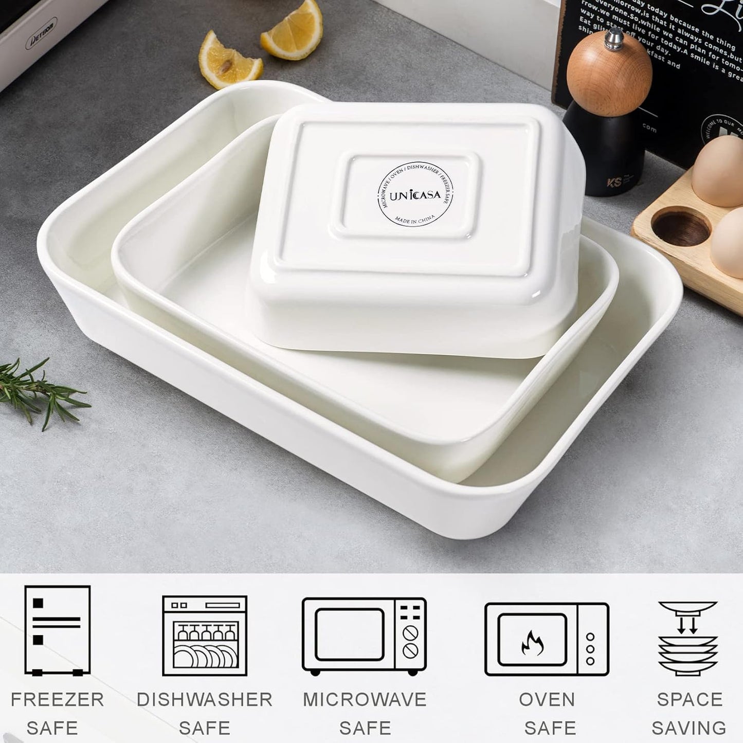 UNICASA Ceramic Oven Dishes - Set of 3 Rectangular Casserole Dishes | Non-Stick, White, 1000/2000/3500 ML