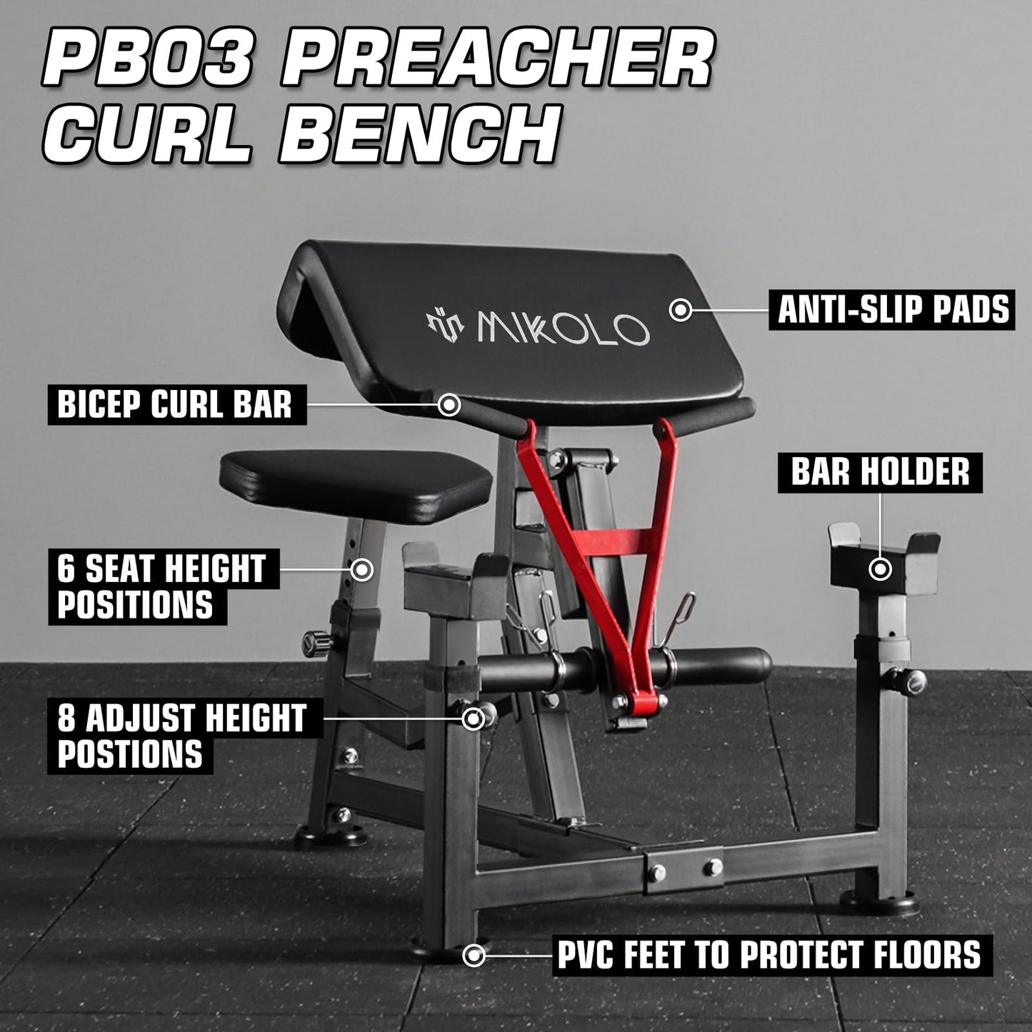 Mikolo Preacher Curl Bench, Plate Loaded Bicep Curl Machine, Bicep and Tricep Workout Equipment，2 in 1 Arm Training Machine for Home Gym