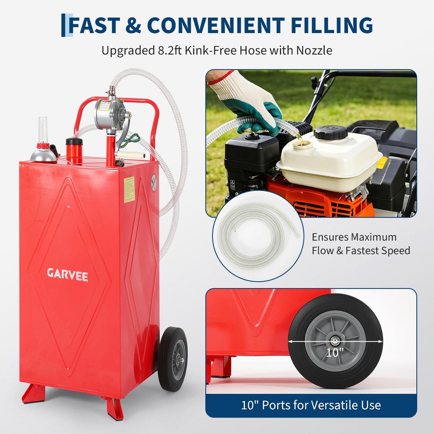 35 Gallon Fuel Gas Caddy Storage Tank, Portable Gas Caddy with Wheels, Manual Hand Crank Transfer Pump, Fuel Hose, Wide Fill Neck, Level Gauge, Mobile Gasoline Diesel Fuel Transfer Tank for ATV, Lawn Mower, Tractor, Car, Boat, Equipment