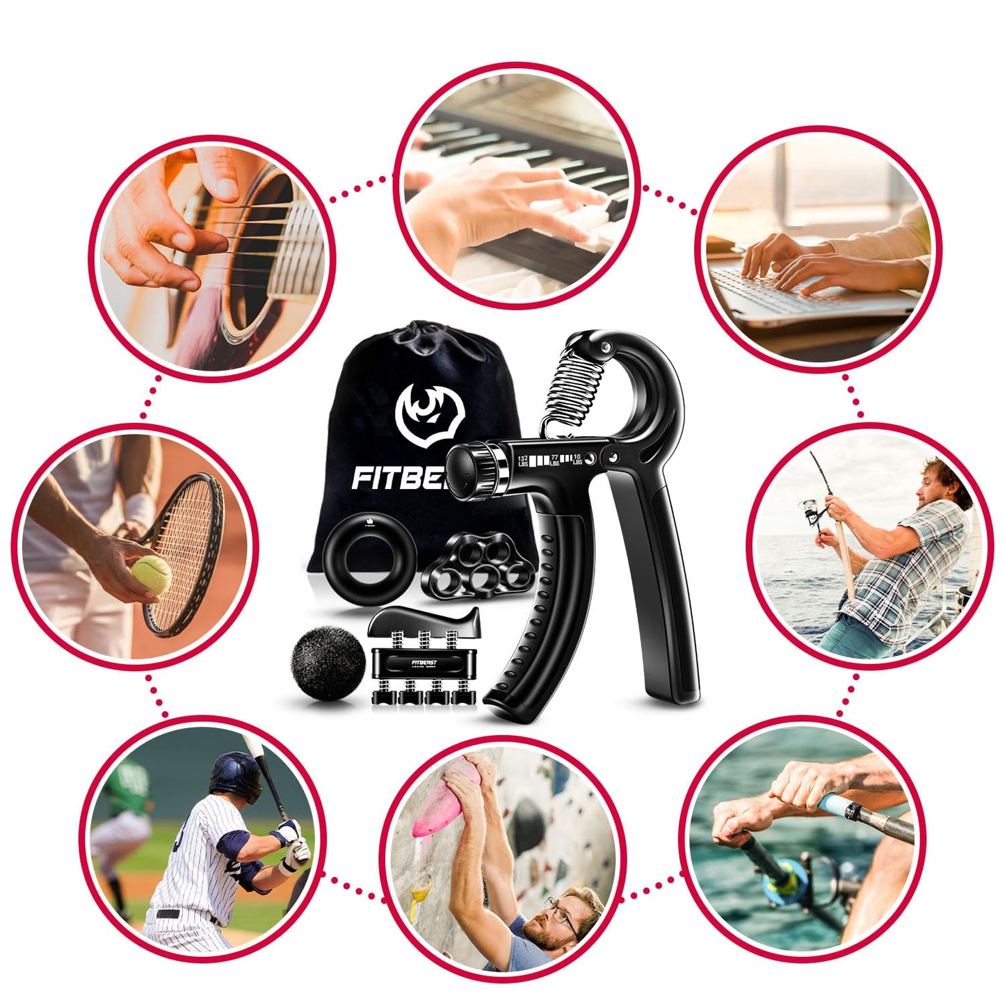 FitBeast Grip Strengthener Forearm Strengthener Hand Grips Strengthener Kit - 5 Pack Adjustable Resistance (Black)