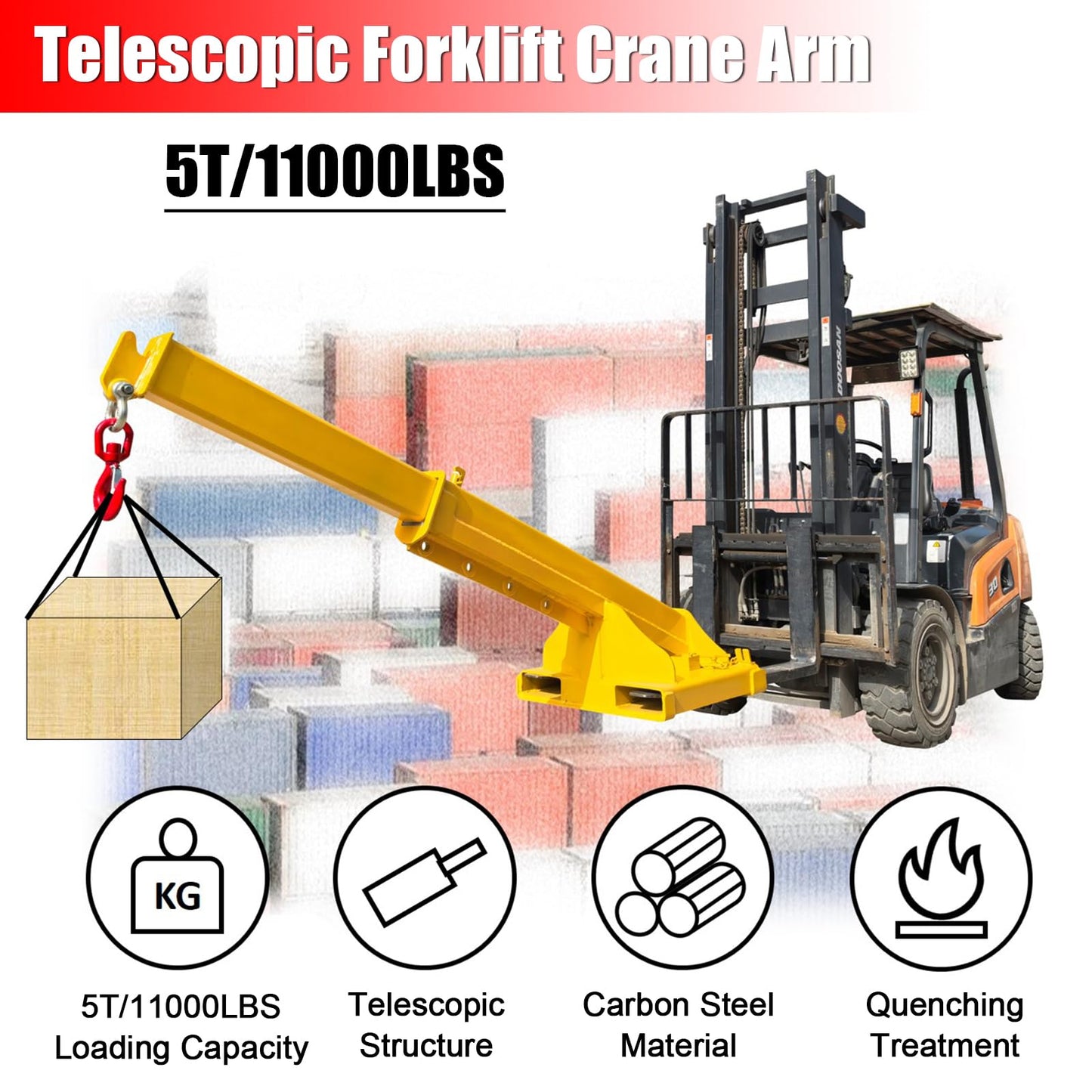 EQCOTWEA 5-Ton Forklift Telescopic Boom Crane Attachment, 11000 LBS Capacity, 96.5 Inch Adjustable Extension with Lifting Hook, Mobile Crane Lifting Hoist Truss Jib Boom for Forklifts & Hoists