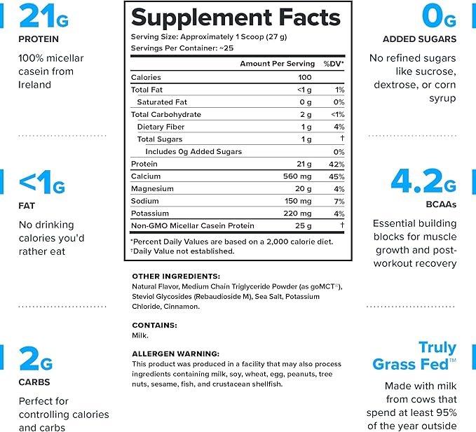 LEGION Casein+ Casein Protein Powder (Cinnamon Cereal) - Slow-Release Micellar Protein Powder - Non-GMO, Gluten-Free & Naturally Sweetened Powder from Grass-Fed Cows