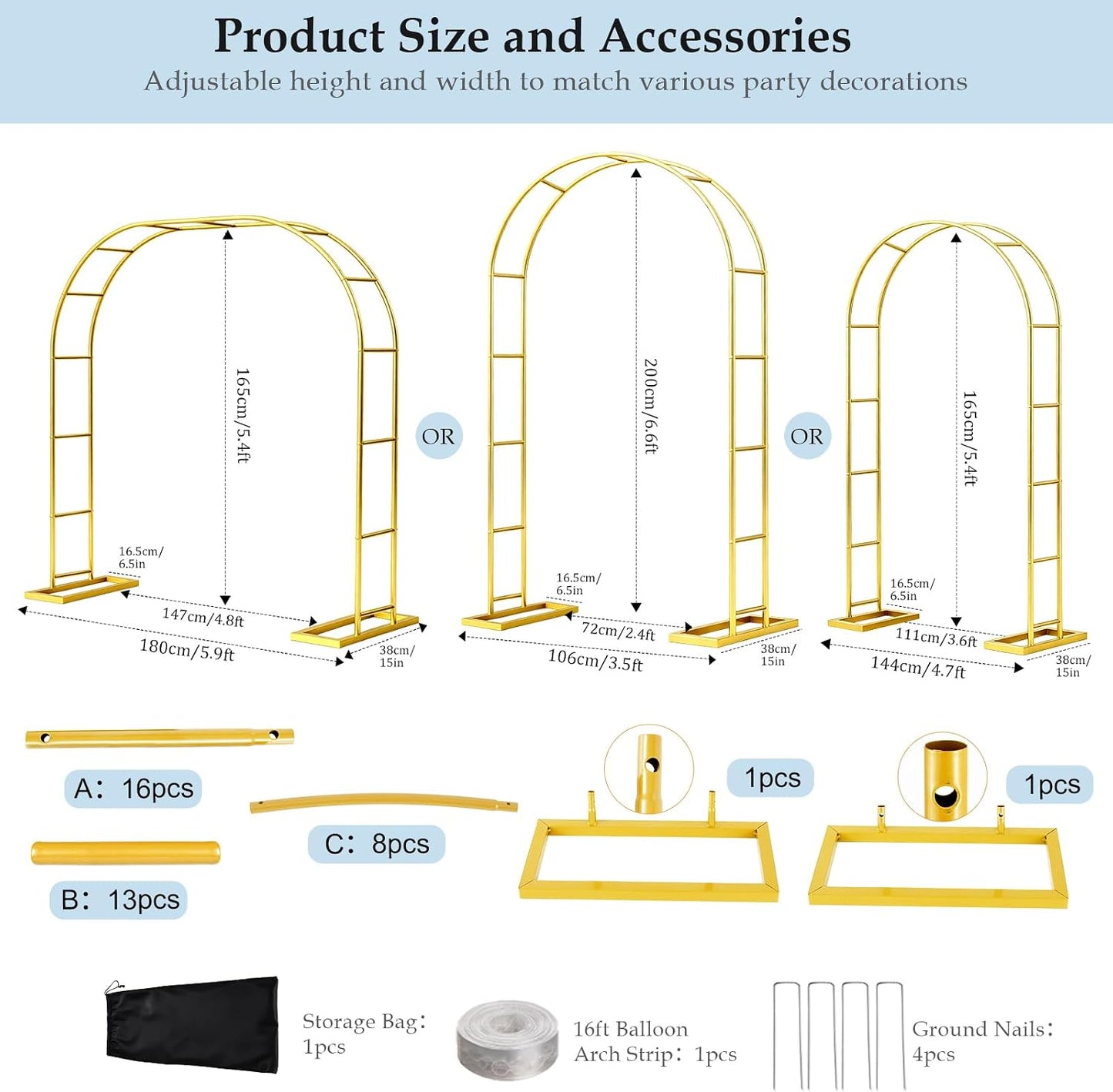 Stand,6.6FTx3.5FT 3 Arch Backdrop Metal Pergola Arbors,Gold Garden Wide Arbors and Arches Trellis for Climbing Plants