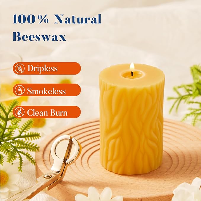 Crenovo Natural Beeswax Pillar Candles 3 Pack, 100% Pure Beeswax Candles Bulk with 84 Hours Burn Time, Organic Bees Wax Candles for Home, Party, Prayer, Non-Toxic Dripless Smokeless 2x3 Inch