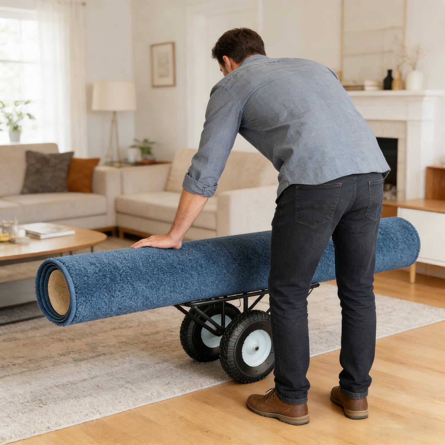 Hymula Heavy-Duty Carpet Dolly with Pneumatic Wheels, Steel V-Cradle Roll Carrier, 500 lb Capacity Portable Floor Roller Cart for Carpet, Lumber, Pipes & Large Material Rolls,for Warehouses, Stores