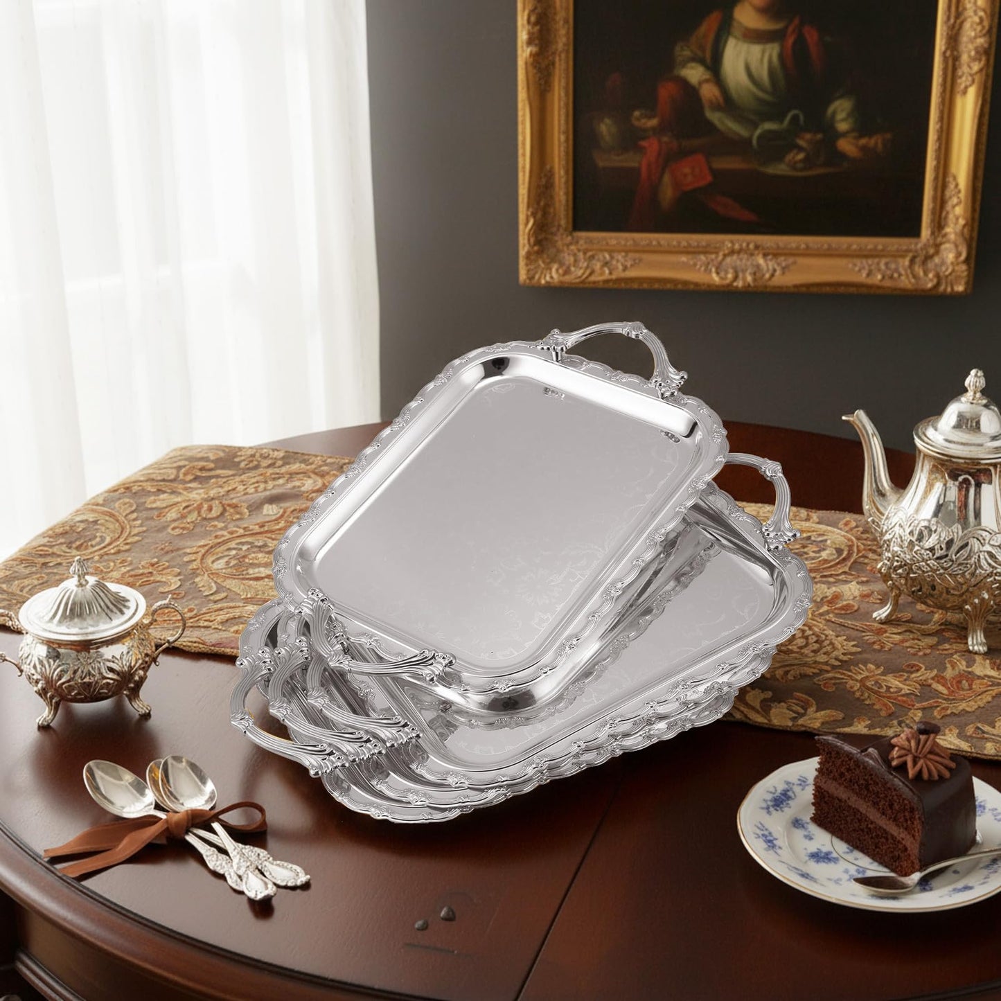 Ferrochef 4 Pcs Silver Serving Tray with Handles Elegant Victoria Floral Engraved Metal Platters Large Decorative Trays for Buffet,Wedding Party, Jewelry Display, Service(Classic,Sliver)