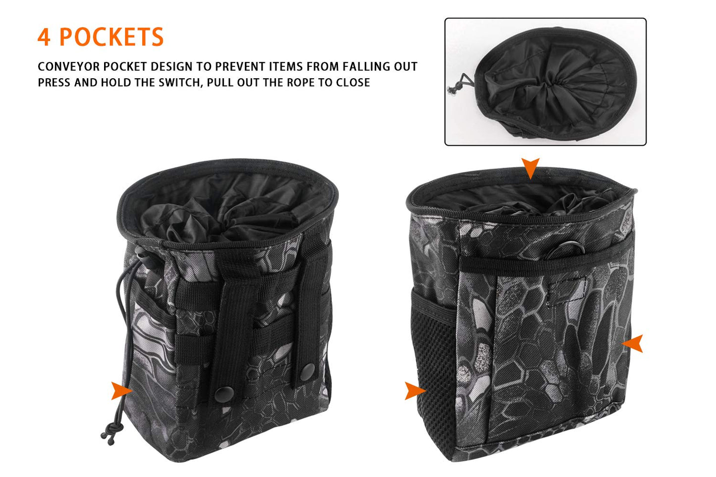 Drawstring Highend Rock Climbing Chalk Bag with a Carabiner Different Pockets for Climbing Bouldering, Gymnastics, Gym Pouch, Cross Fit and Lifting 1pcs (Black Camouflage)