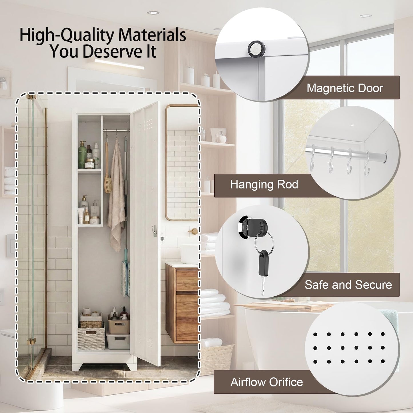 FATIGOS Slim Broom Closet Storage Cabinet, 65" H Metal Cabinets with Lock and Shelves & S-Hooks, Utility Closet, Narrow Storage Cabinets for Home Office, Pantry, Bathroom, Garage, White