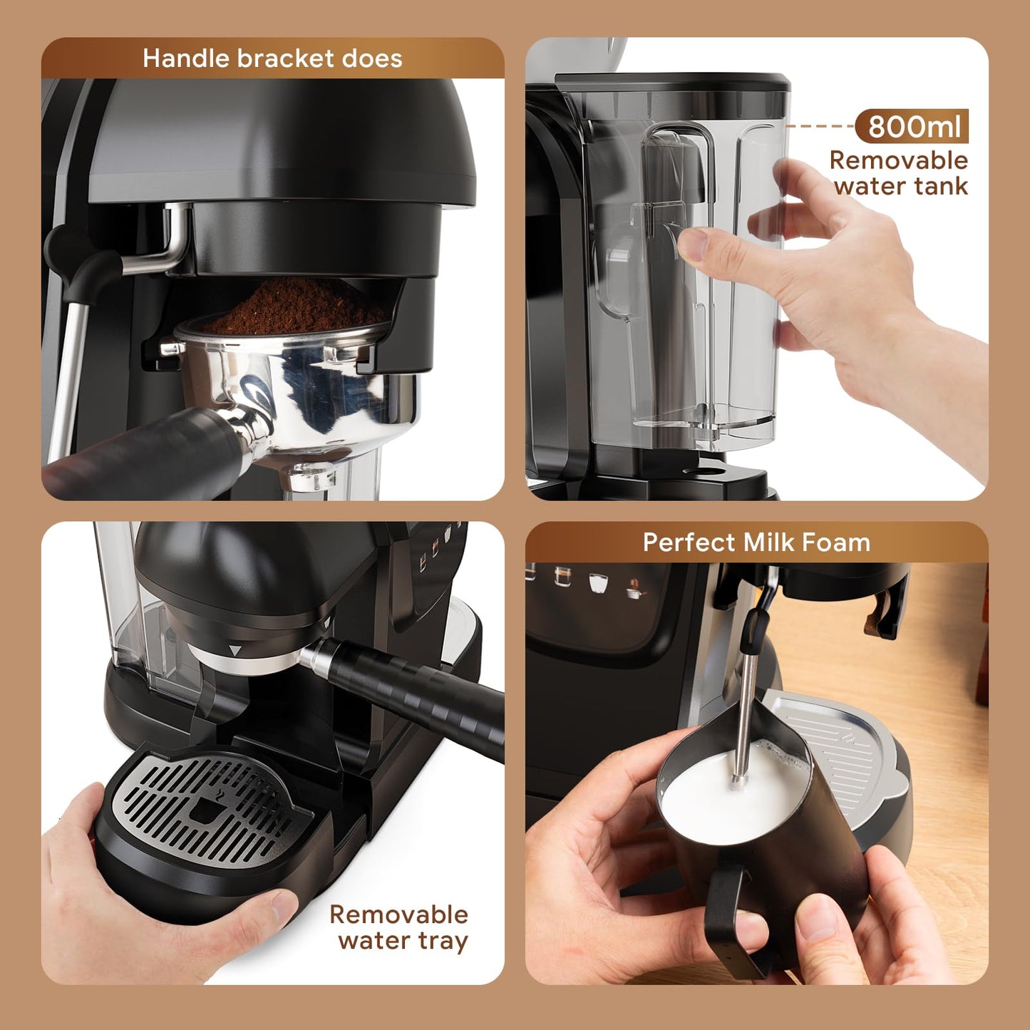 20 Bar Espresso Machine with Grinder & Steam Wand - Semi Automatic Coffee Maker, NTC Intelligent Temp Control, 58mm Stainless Steel Portafilter, One-Touch Panel for Home Barista (Removable Water Tank)