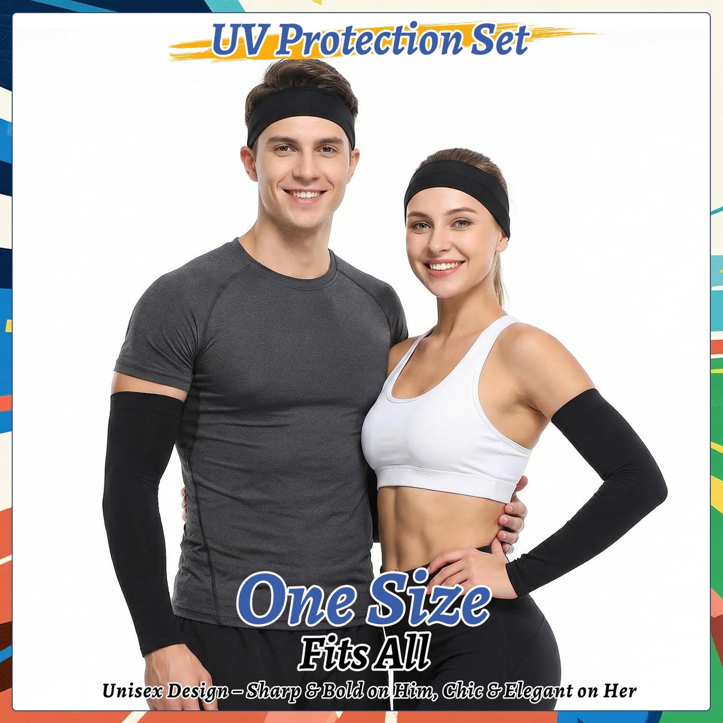 JATEBI 6 Pack Sports Headband and Arm Sleeves for Men Women Sweat Bands Cooling UV Sun Protection Sports Arm Sleeves for Running Yoga Fitness Workout, Black