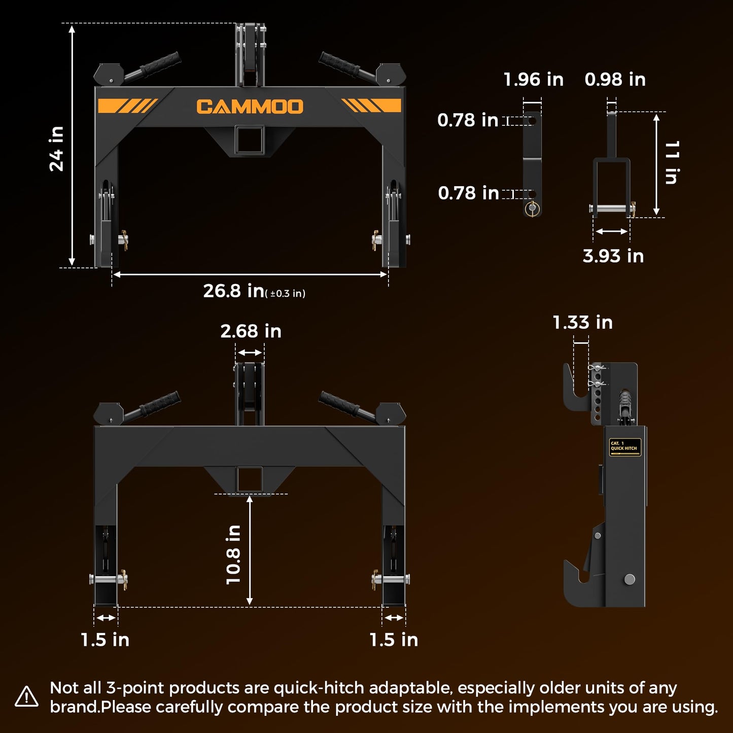 CAMMOO 3-Point Quick Hitch with 2" Receiver＆Extra Versatile Adapter, Adaptation to Category 1, No Bushing Required, 3000LBS Lift Capacity, 5 Level Adjustable Bolt &Reinforcing Rib Design (Black)