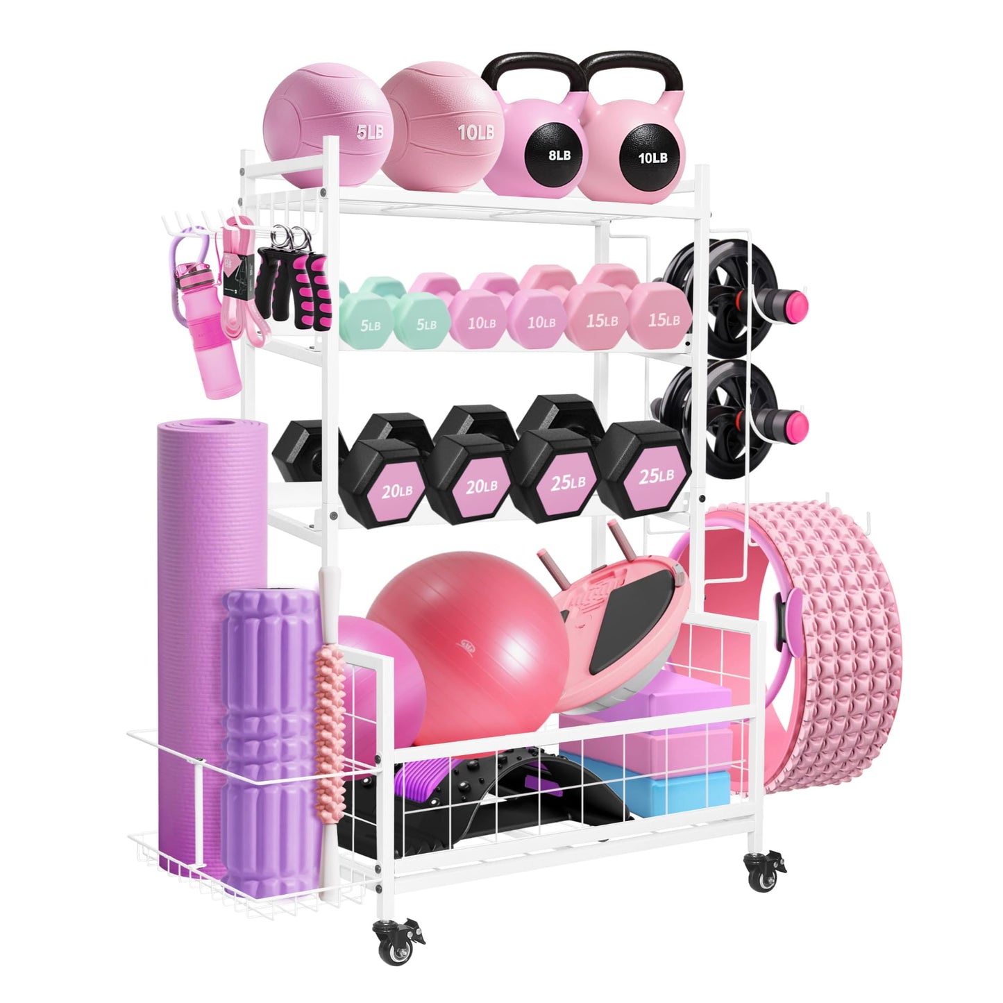 Rumizira Dumbbell Rack, Weight Rack for Home Gym Dumbbells, Adjustable Barbell Rack for Kettlebells Yoga Mat & Balls, Sports Equipment Organizer Storage Rack with Wheels for All in One Workout,White