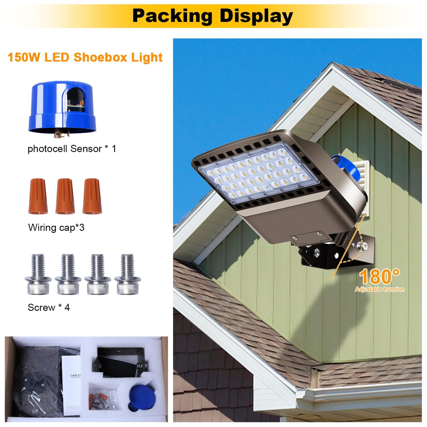 BIRITALO 22500lm LED Parking lot Light Trunnion Dusk to Dawn 150W LED FloodLights Outdoor Wall Mount Security Commercial 85-277V IP65 Waterproof 5000K Shoebox Barn Light for Yard,Street 3 Pack