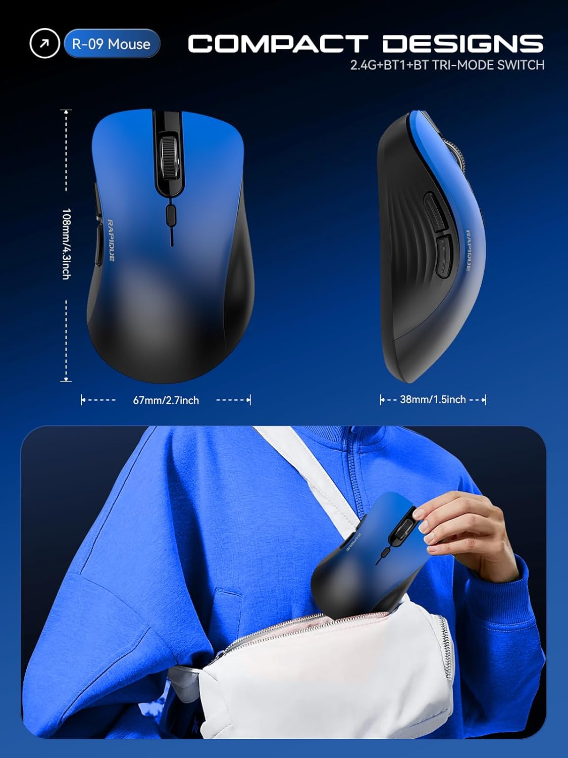 RAPIQUE 2.4 Bluetooth Wireless Mouse - Dual Bluetooth & GHz USB Receiver, Comfortable Grip, Quiet Clicks, Low Power