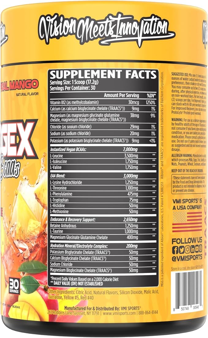 Aminogex Ultra | BCAA Powder | Amino Acids + Betaine and Glutamine | Amino Acid Post Workout Recovery Drink | Intra Workout Drink with Electrolytes | (30 Servings) (Tropical Mango, 18.2 ounces)