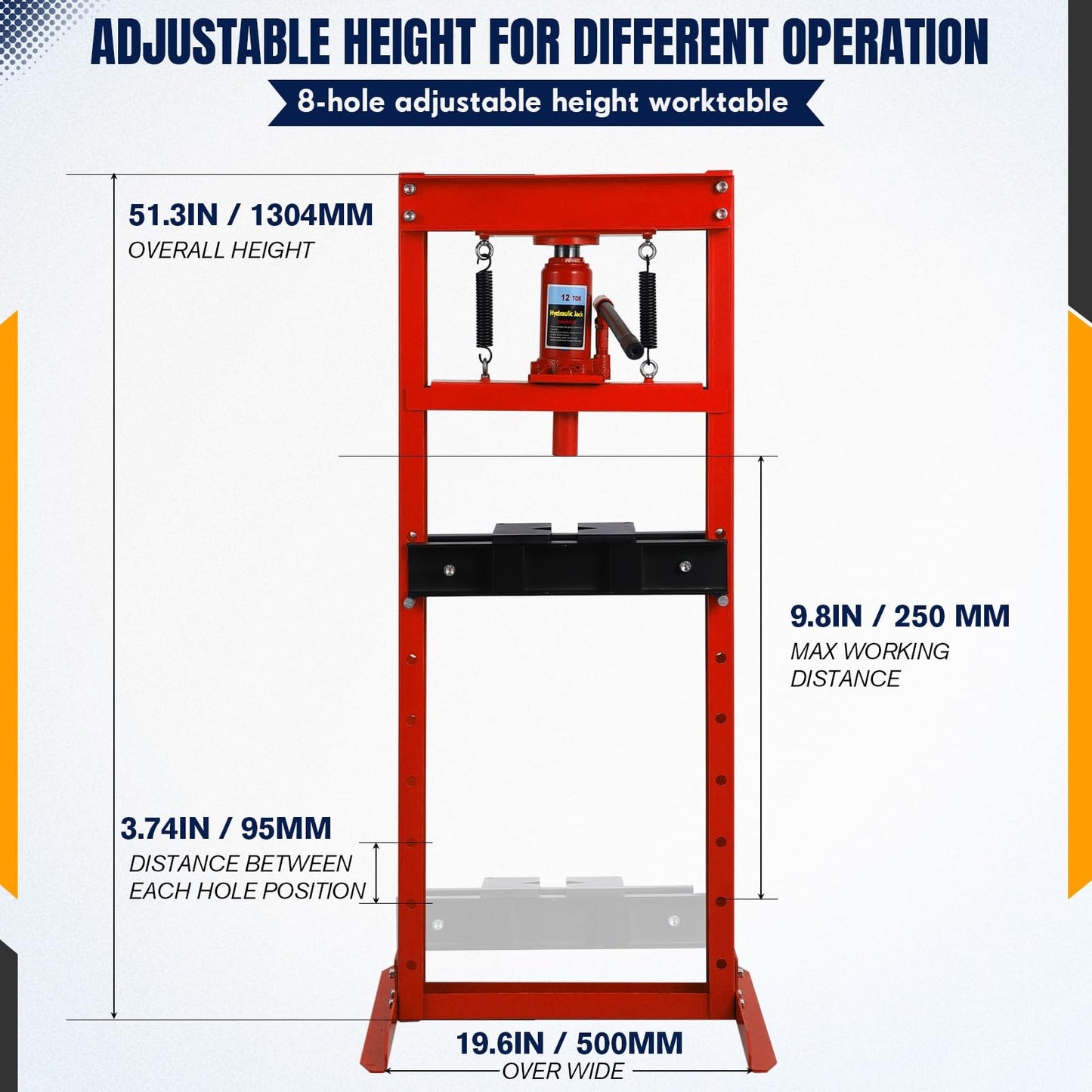 12T Hydraulic Press, 12 Ton H-Frame Garage Floor Hydraulic Shop Press, Adjustable Hydraulic Press with Plates, for Bearings & Ball Joints, Red