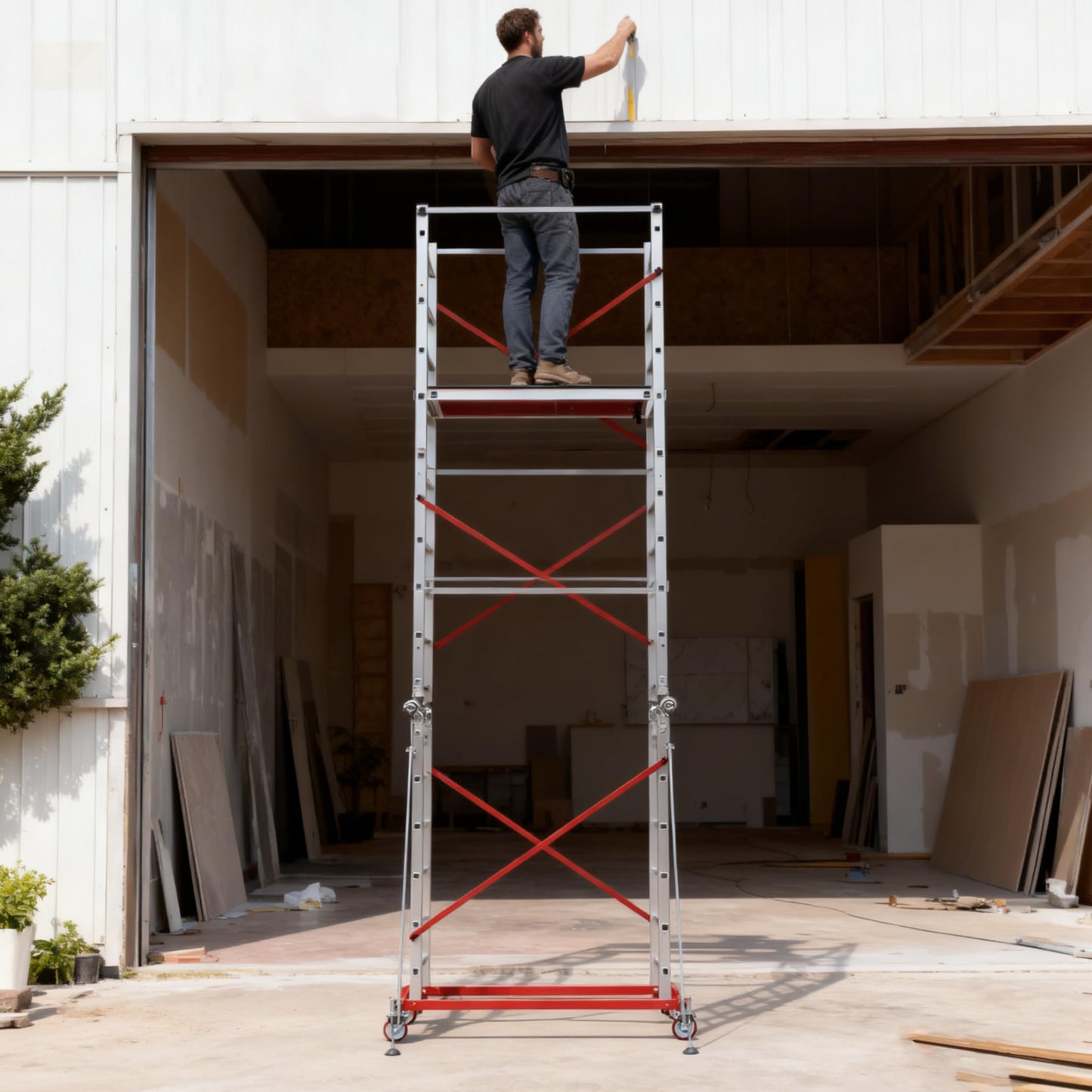 APARECIUM 18‘ Aluminum Scaffold Tower, Multipurpose Rolling Scaffolding Work Platform, Utility Scaffolding Tower, Adjustable Work Platform with Hatch Deck and Guard Rail, 500 Lbs Duty Rate