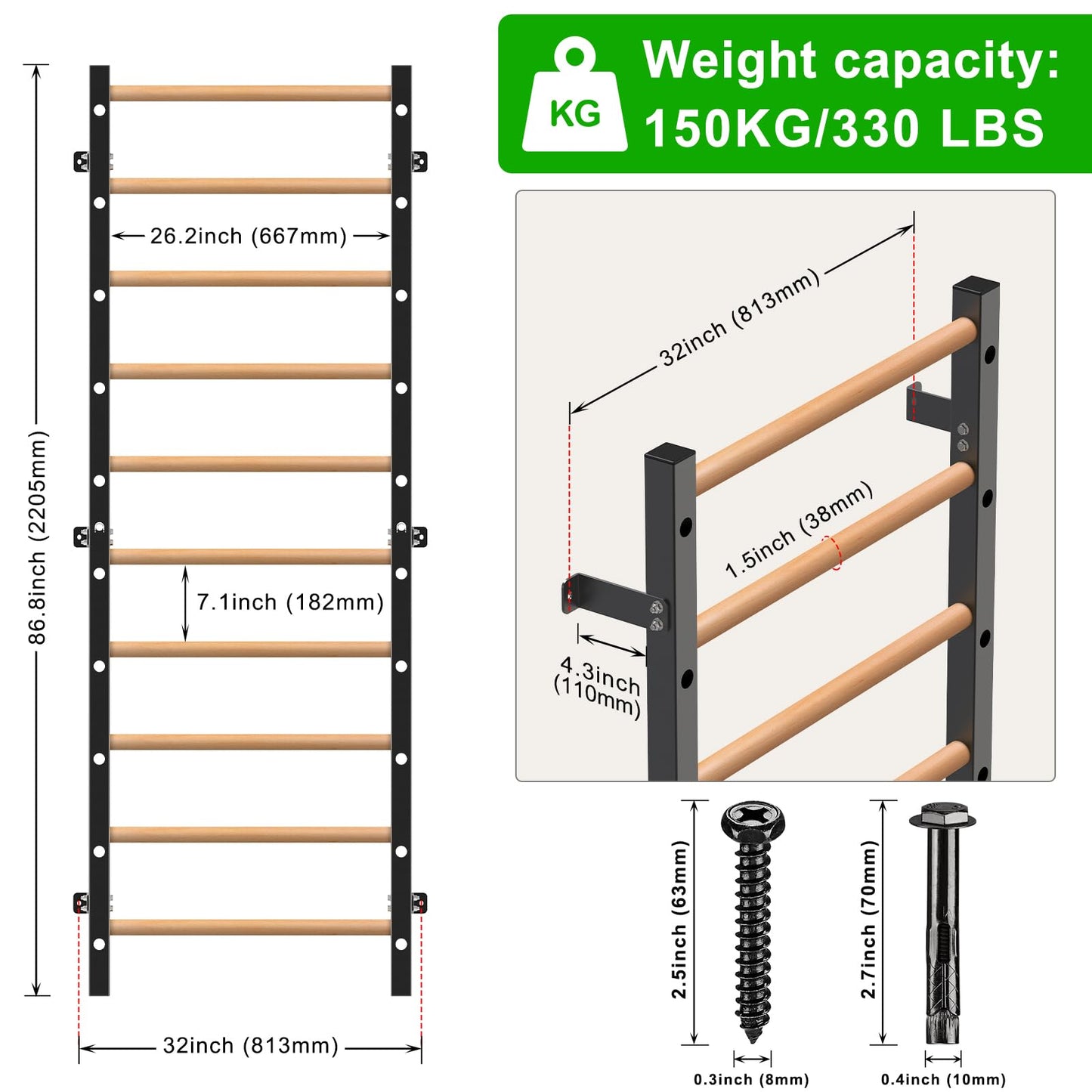 Kipika Gymnastic Wood Stall Bar - 2"x2" Swedish Ladder with 1" Hole, Wall Mounted Ladder Suspension Trainer, Solid Wood Grips Gymnastics Training Bar for Home, Wall Gym, School & Clinics