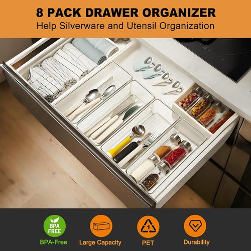 Hudgan Clear Plastic Drawer Organizers - Stackable Deep Organizers for Makeup & Desk | 8 Pack, 2 Sizes