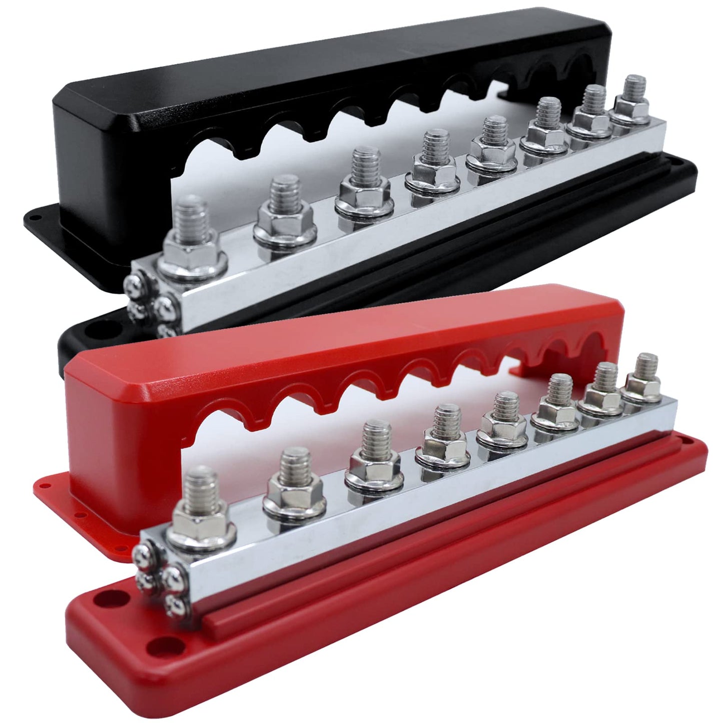 AMOMD 2 Pcs 600 A High Current Copper Bus Bar 300V AC / 48V DC 8 Way 3/8 inch (M10) Studs 8#8-32 Screws Electrical Terminal Ground Distribution Block Battery Buss Bars with Cover (Red & Black)