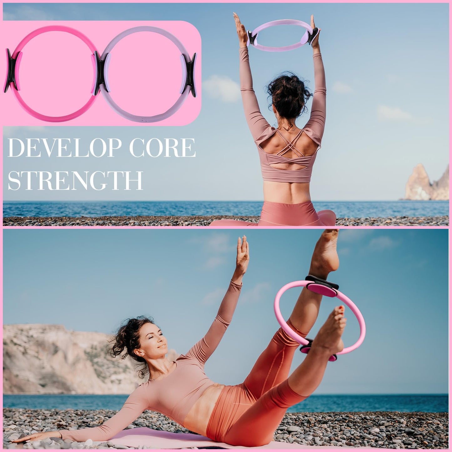 Poen 14 Pcs Pilates Equipment Kit for Home Workout Pilates Ring and Ball Set for Women 12'' Circle Yoga Fitness Essentials Kit with Resistance Bands, Yoga Strap, Socks,Bag (Purple,Pink)