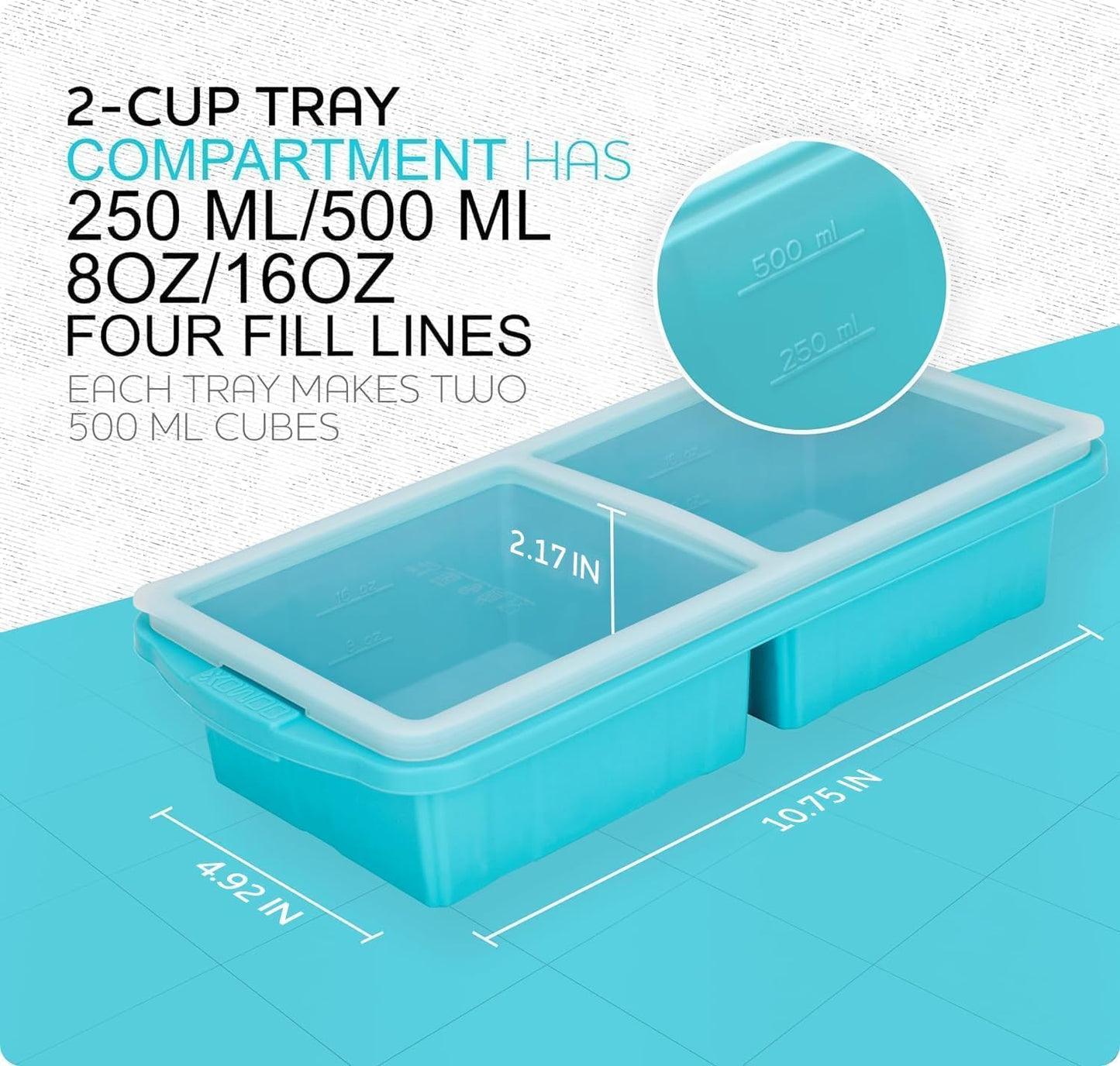 Silicone Freezer Tray With Lid - Versatile Soup Container Molds for 2-Cup & 1-Cup Portions | Oven & Dishwasher Safe