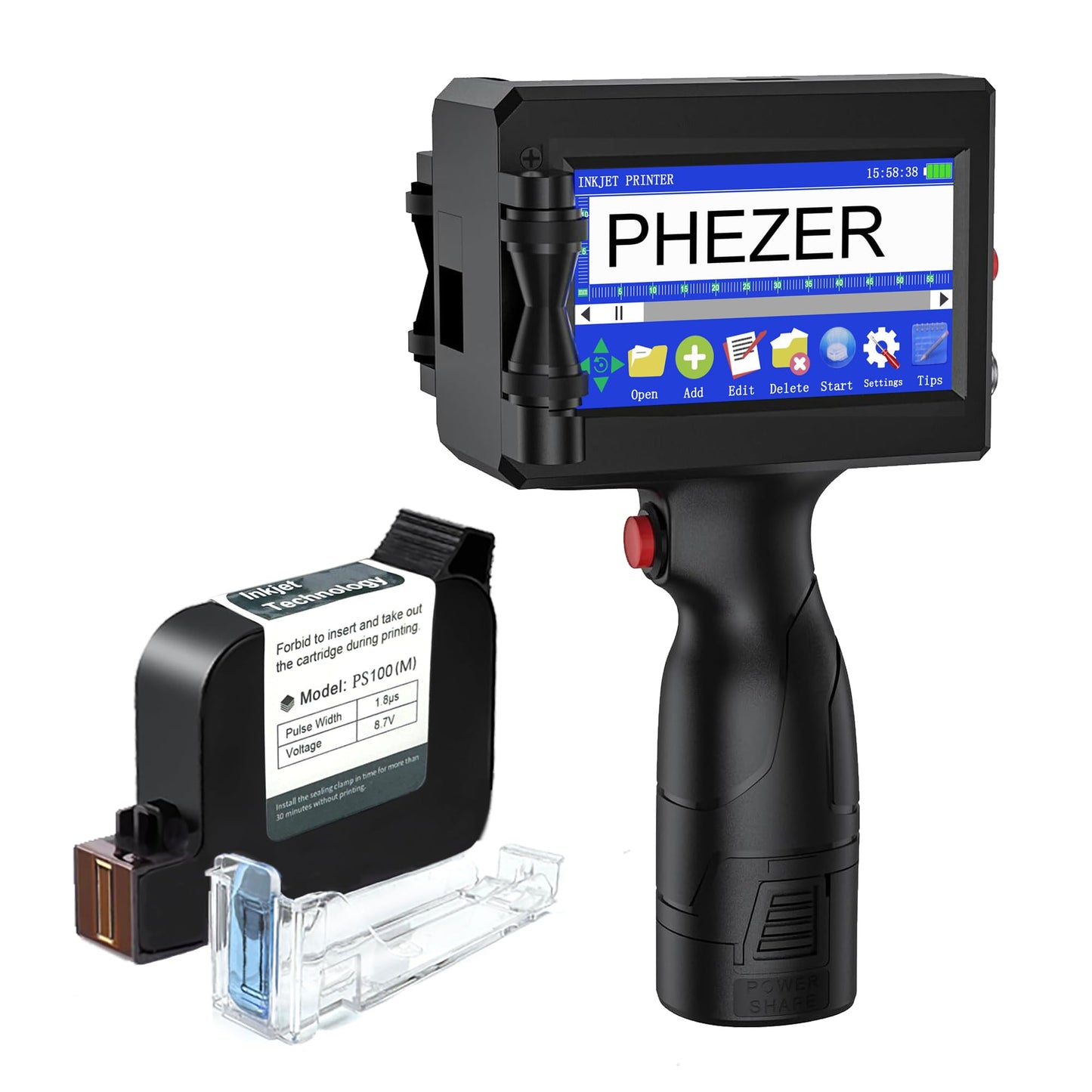 Handheld Inkjet Printer P15 with Adjustable Holder Stand and Sensor for Automatic Print, with Solvent 0.5 Inch Nozzle Ink Cartridge, for QRCode Barcode Production Date Time Logo Batch Number Print
