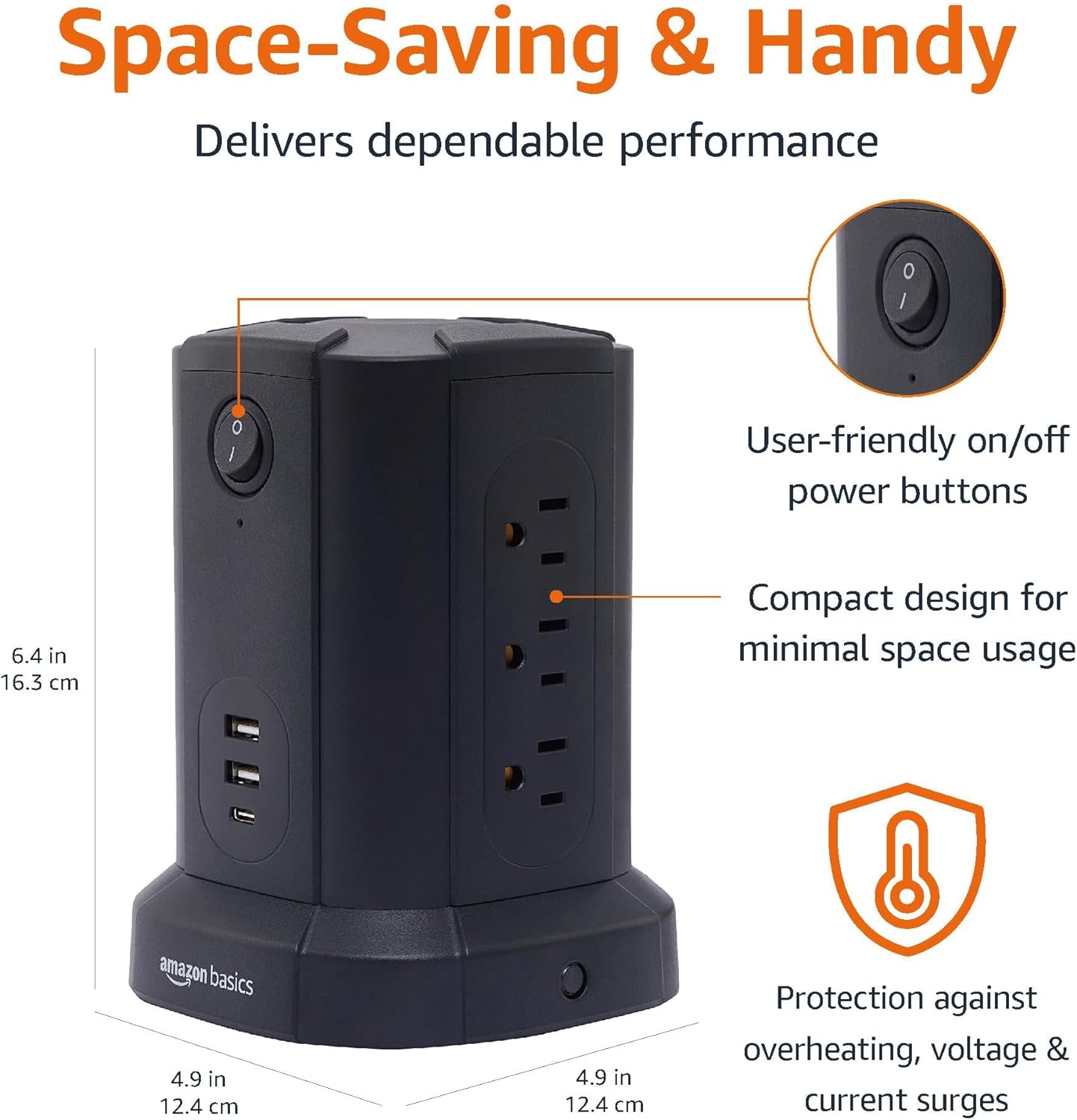 Amazon Basics 1080J, 9 (2 1 15A, 6ft Power Strip Tower Charging Station, Surge Protector Outlet with Integrated USB