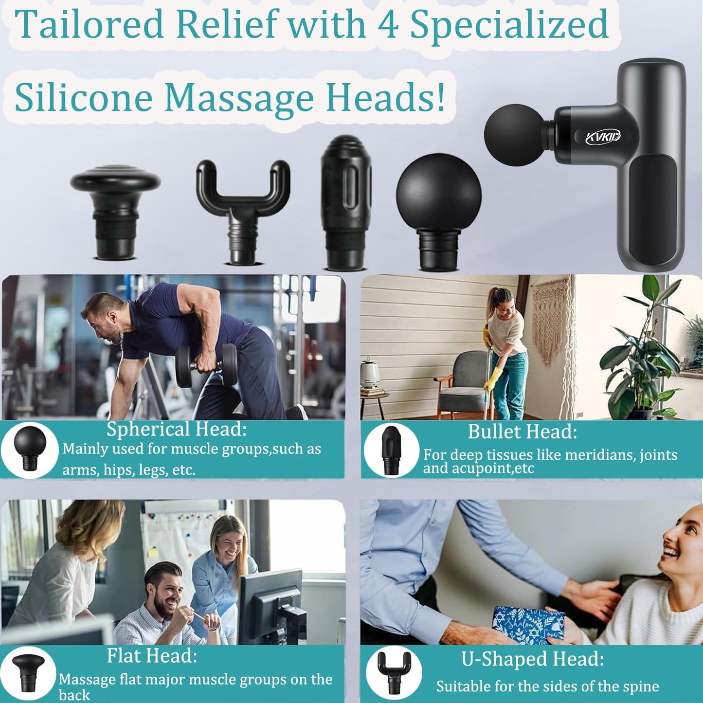 KVKID Mini Massager Gun, Massage Gun Deep Tissue with 4 Attachments, Portable Muscle Massager Gun for Back, Body Sore Muscles, Pain Relief, Rechargeable Small Massage Gun for Office, Home, Athletes