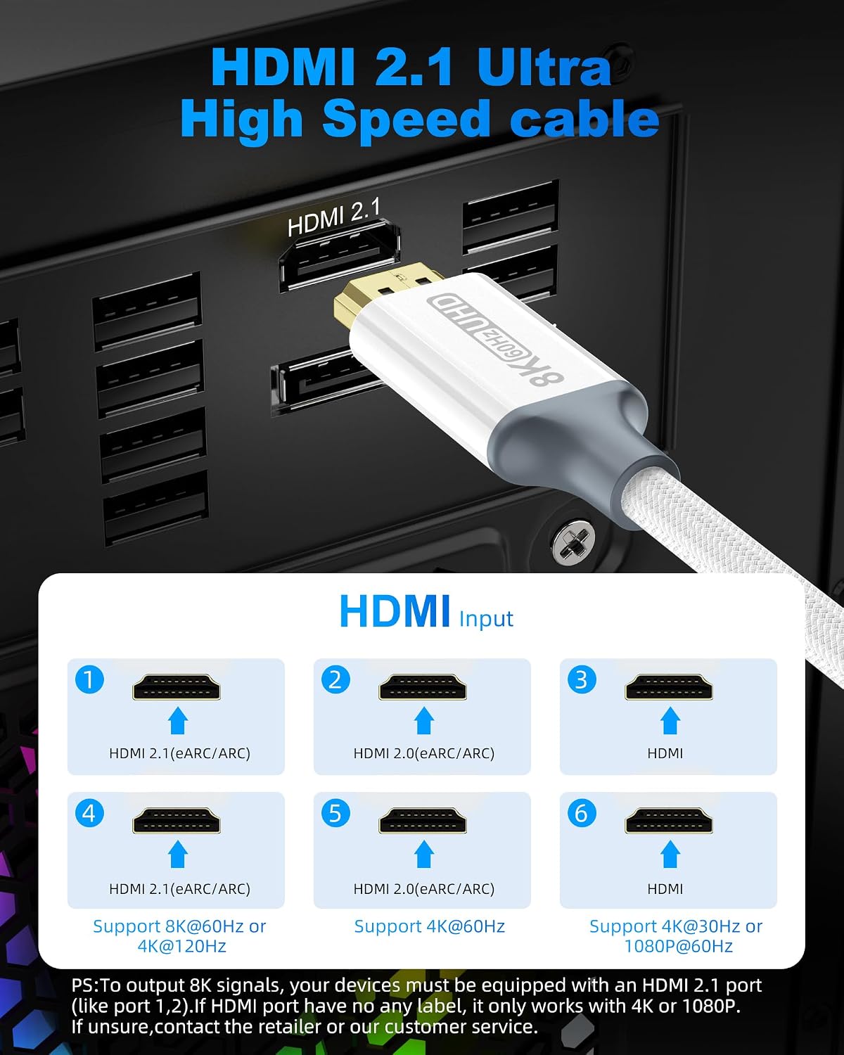 LMGKE 8K Cable,3.3ft 48Gbps 8K@60Hz 4K@120Hz/144Hz/240HzCompatible TV,HDR10,HDCP 2.3,PS5,Xbox HDMI High Speed DHDMI