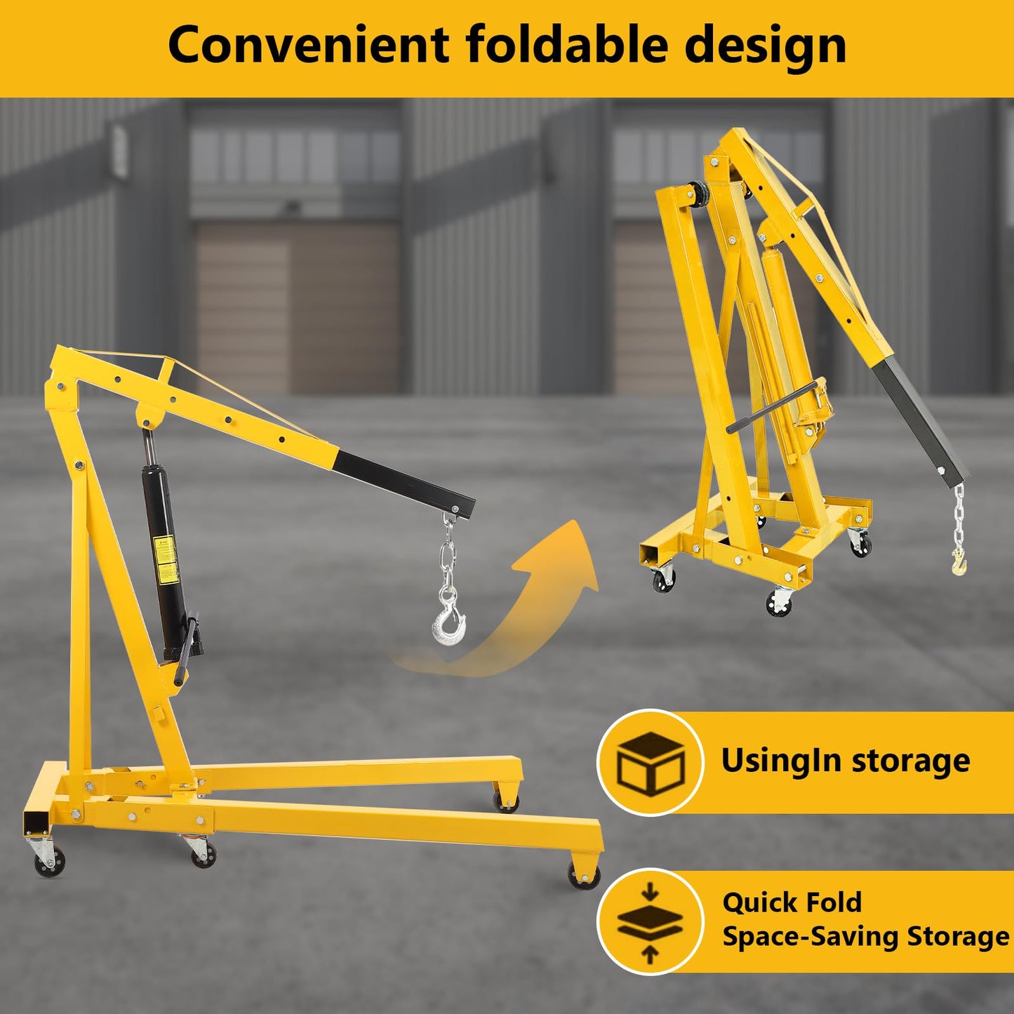 PrecisionAuto 2 Ton / 4400 Lb Heavy Duty Folding Hydraulic Engine Hoist Crane, Cherry Picker with 6 Locking Wheels, for Truck/SUV Engines, Garage Workshop, Industrial Lifting, Yellow