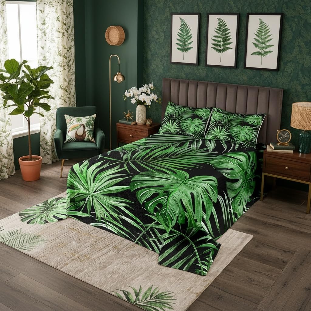 3 Piece Green Palm Leaves Quilt Bedding Set Women Aldult Lightweight Bedding Summer Tropical Bedspread Set Rainforest Bedspread Coverlet Soft Microfiber Home Quilt Set for King Bed All Season