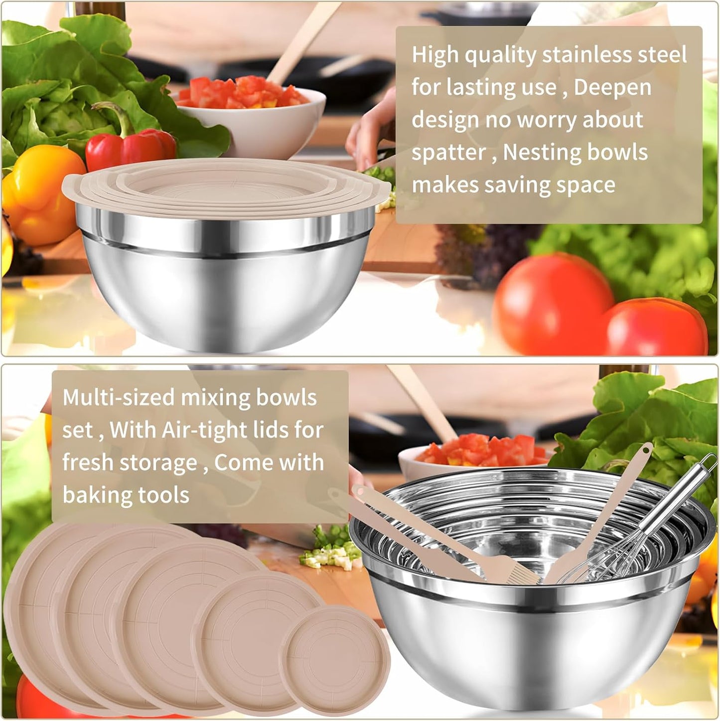 WEPSEN Mixing Bowls Set - 25PCS Stainless Steel Nesting Bowls with Lids | 7QT to 1.5QT for Cooking & Serving