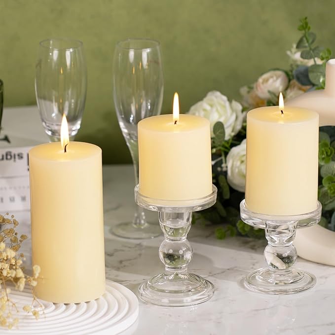 KONNI Ivory Pillar Candles Set of 3, 3"x 3" Unscented Pillar Candles Bulk, 30 Hours Long Burning Candles, Smokeless&Dripless Large Round Candle for Wedding, Home Decoration, Parties, Spas, Dinner